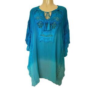 NWT Nanette Lepore Swim Tunic Top Crochet Cover Up Blue Ombre Tassel V n…